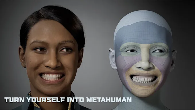 Un rostro digital junto a su malla facial, ambos con la misma expresión de sonrisa