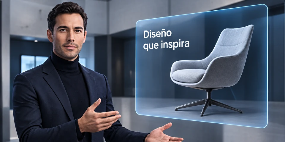 Asesor digital presentando una butaca en un panel holográfico